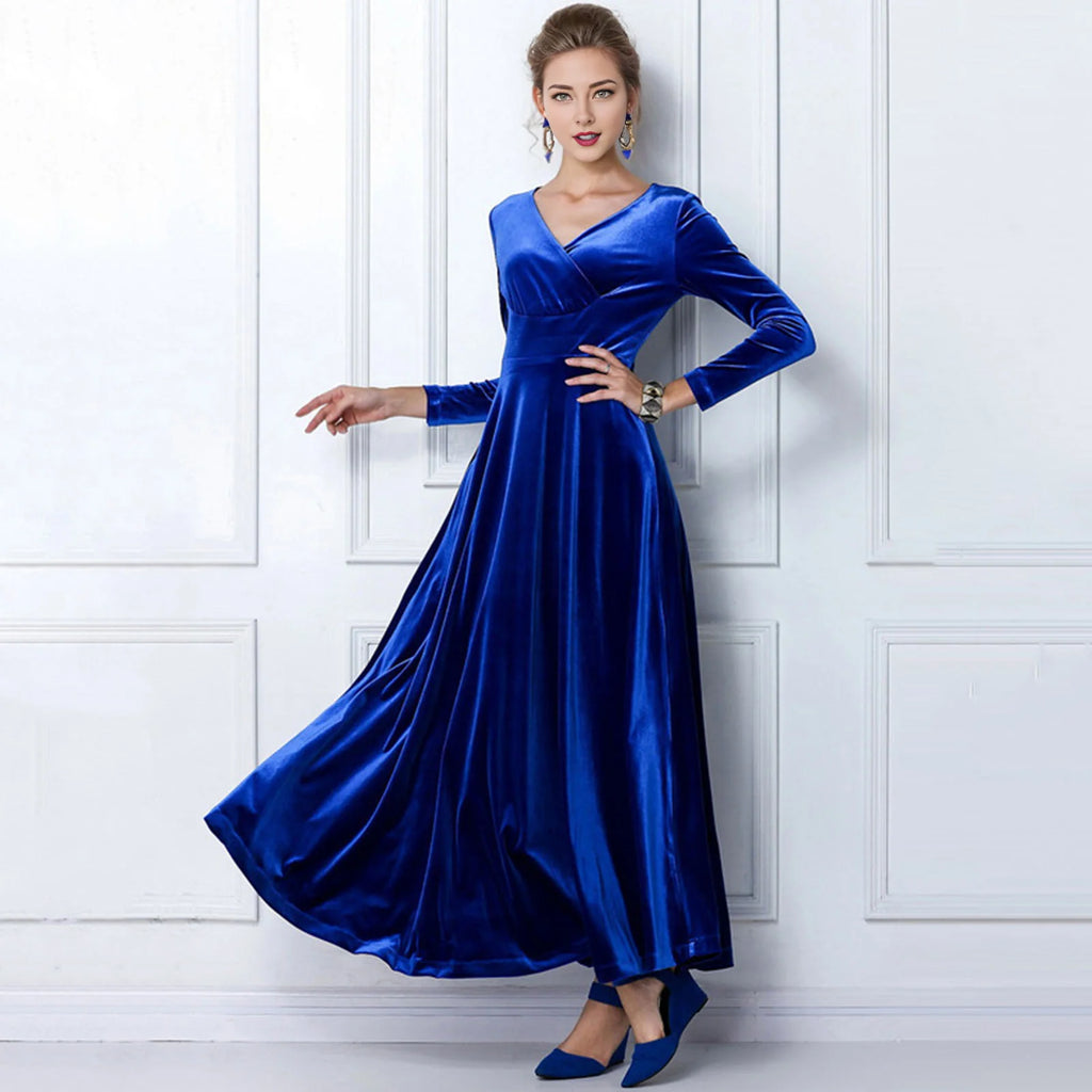 Vintage Women Autumn Long Sleeve V Neck Pleated Velvet Banquet Party Maxi Dress Party Wedding Elegant Evening dress 