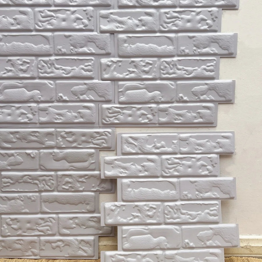 Peel-and-stick backsplash tiles with embossed white brick texture, self-adhesive sheet