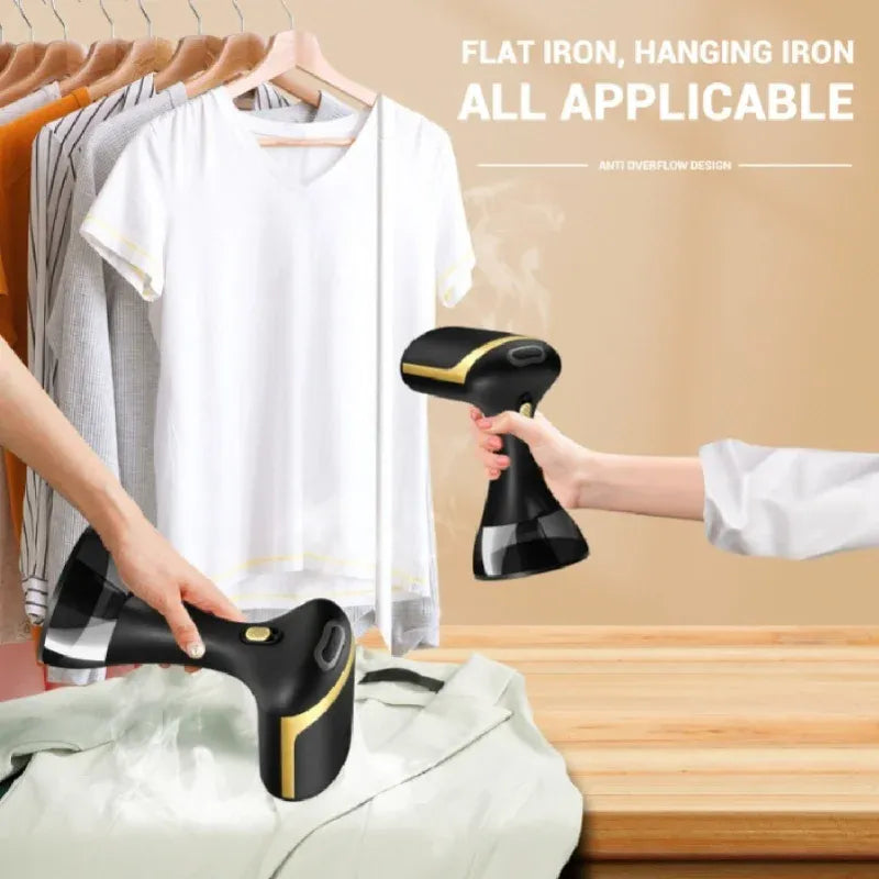 Handheld garment steamer used for vertical hanging and flat ironing on shirts.