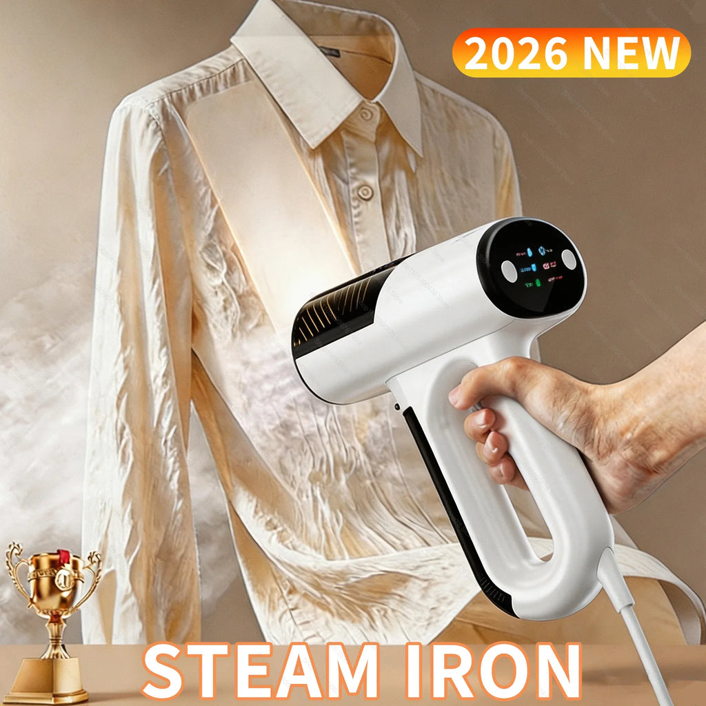 Handheld garment steamer smoothing wrinkles on a cream shirt with a sleek white device.