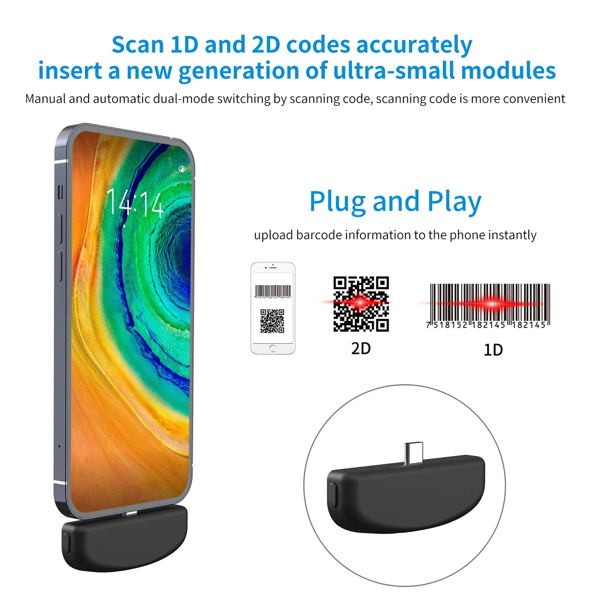 Mini 2D With Type C Interface Phone Mate Barcode Scanner Black Stock All 1D 2D Bar And Screen Code 32 Bit CMOS