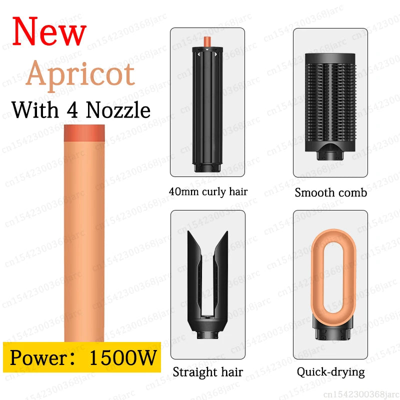 Apricot 1500W hair styler set with 4 attachments: curling barrel, smooth comb, hair straightener, and drying nozzle.