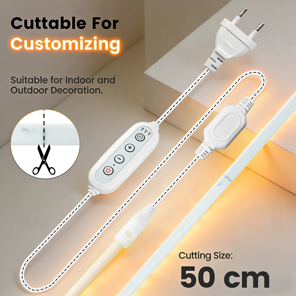 Dimmable 220V COB LED Neon Strip Light 4key Controller EU Plug Flex Tube 3000K 4000K 6000K for Staircase Bar Counter Lighting