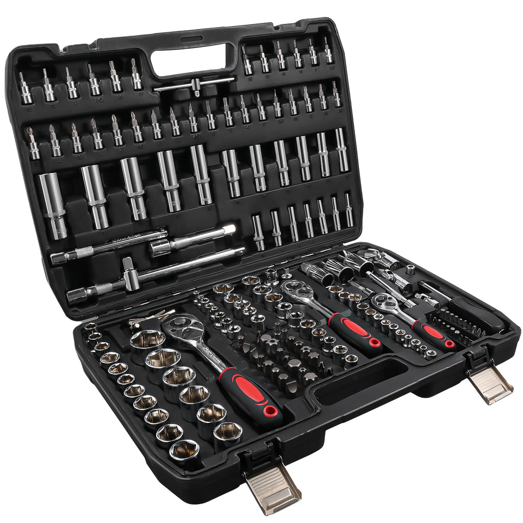 Podofo 172pcs Reversible Ratchet 24 tooth Ratchet Socket Wrench Set Car Repair Tool Ratchet Torque Wrench Combo Kit 1/2'' 3/8'' 1/4'' Sockets Bits Dual-Material Handle
