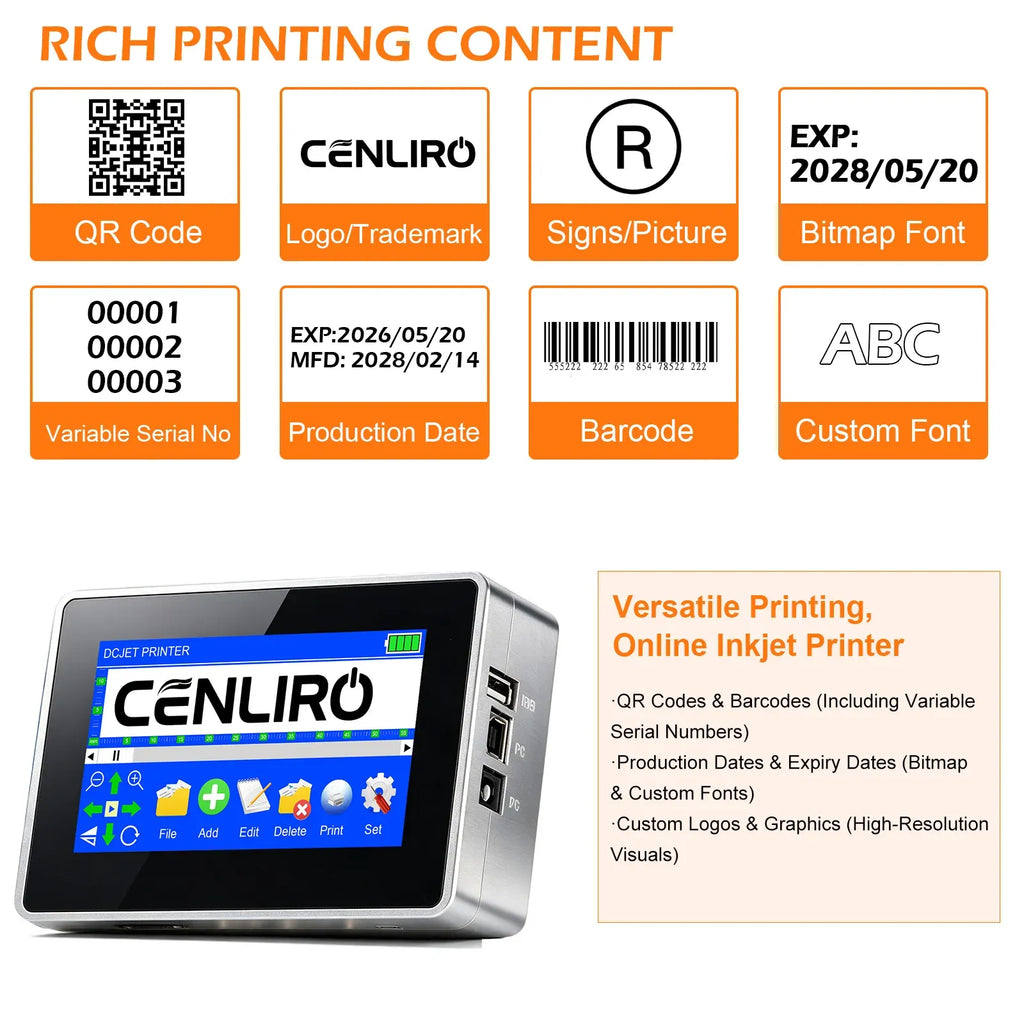 Cenliro CL3200 12.7/25.4mm Industrial Online Inkjet Printer with 4.3'' Screen for QR Barcode Batch Number Logo Date Coding