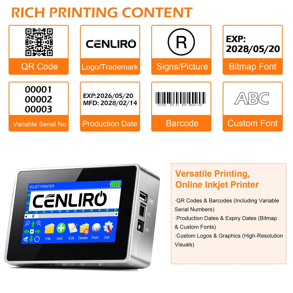 Cenliro CL3200 12.7/25.4mm Industrial Online Inkjet Printer with 4.3'' Screen for QR Barcode Batch Number Logo Date Coding