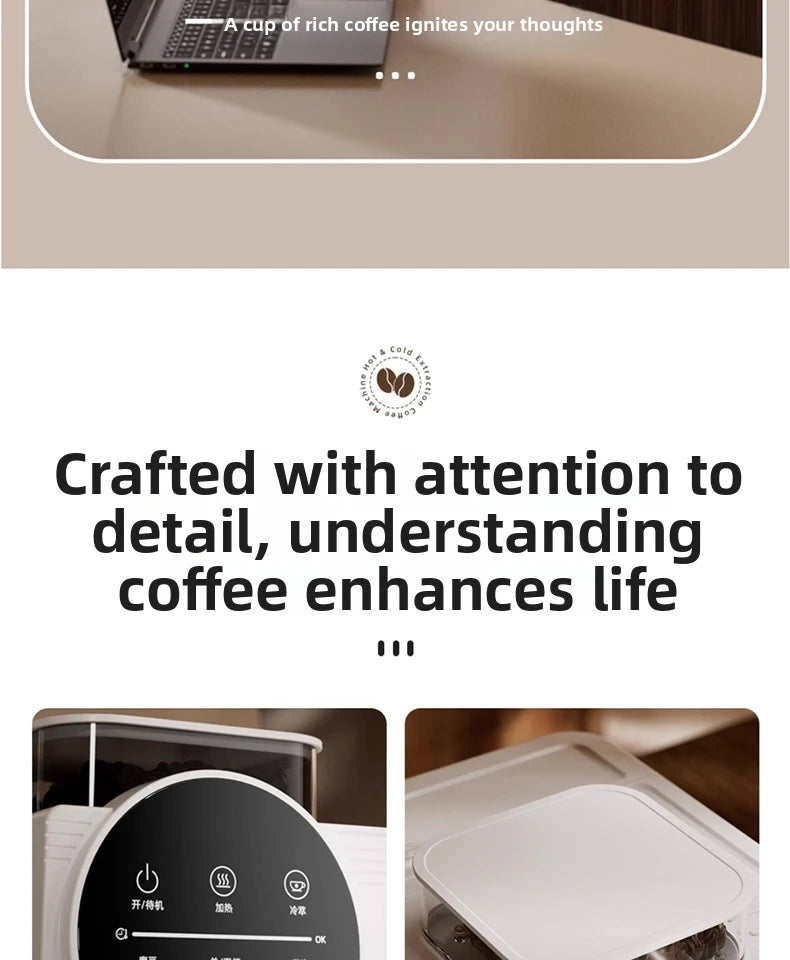 White compact coffee machine with digital touch panel and bean hopper for hot and cold extraction.