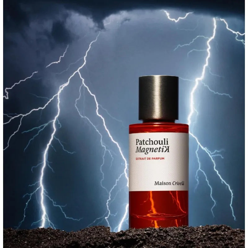 Maison Crivelli Patchouli Magnetik Extrait de Parfum in a red cylindrical bottle for men and women. Luxury unisex scent.