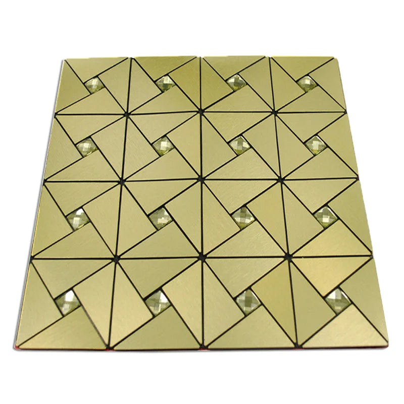 Self-adhesive mosaic wall tile sheet, olive-yellow triangles with metallic reflections