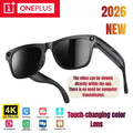 Black smart sunglasses with built-in cameras for 4K video recording, photo capture, and Bluetooth connectivity.