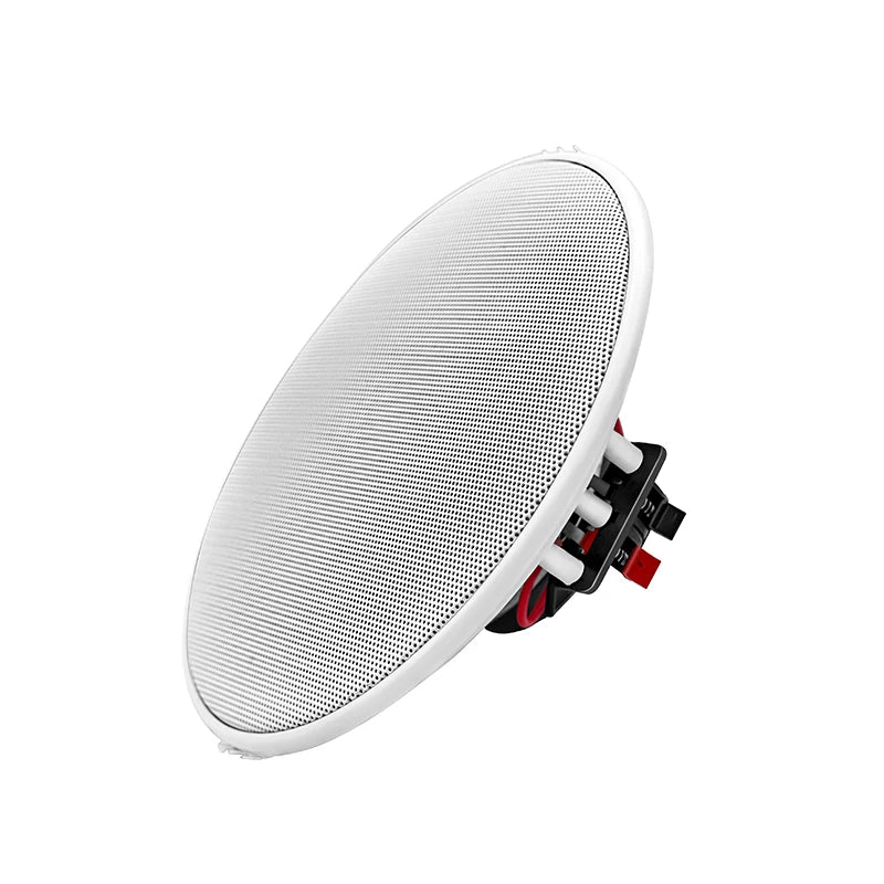 Single round ceiling speaker with white grille and black mounting bracket, side view