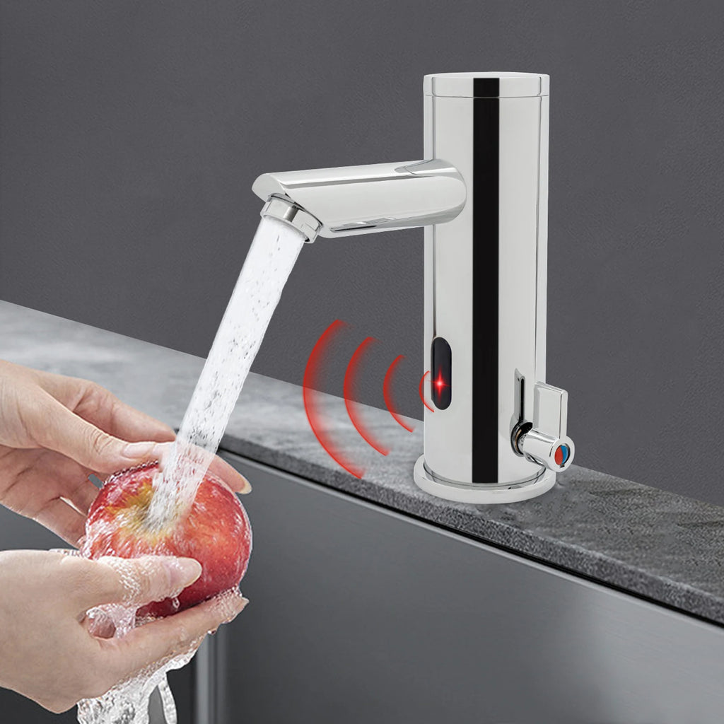 Compact Hot Cold Touchless Sensor Faucet, 304 Stainless Steel Automatic Infrared Sensor Tap, DC 6V Power Supply, Water Temperature Range 0–55°C , for Bathroom Sink, Hotel, Hospital, Office