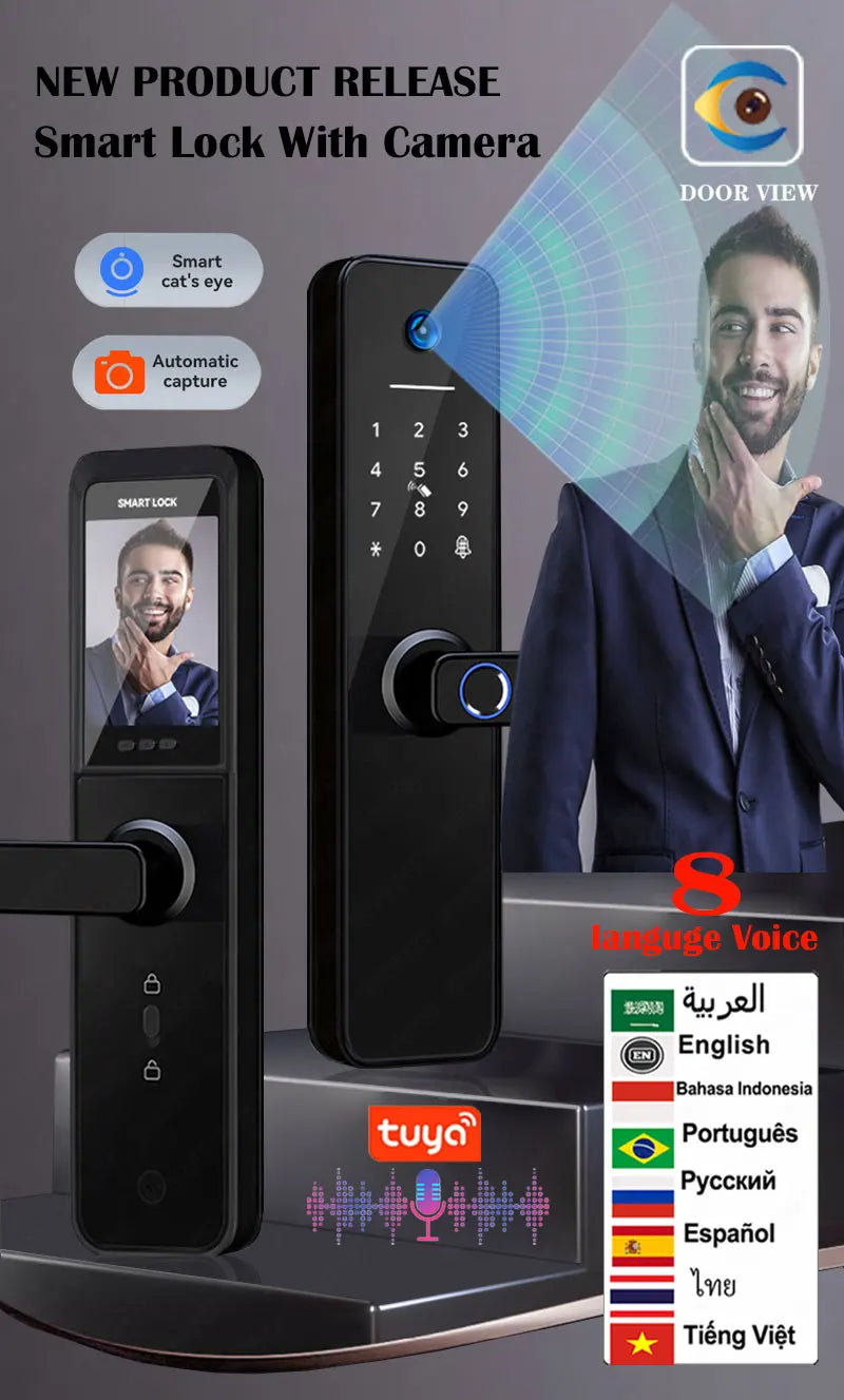 Tuya visual Wifi Digital Electronic Smart Fingerprint Door Lock With Biometric Camera intelligence Card Password Key Unlock