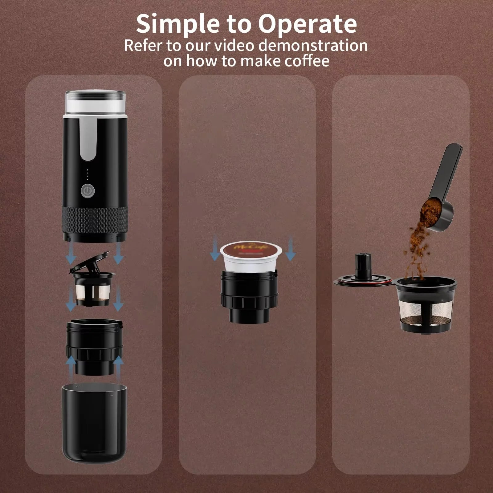 Portable black electric coffee maker showing assembly with k-cup pod and loose ground coffee filter accessories.