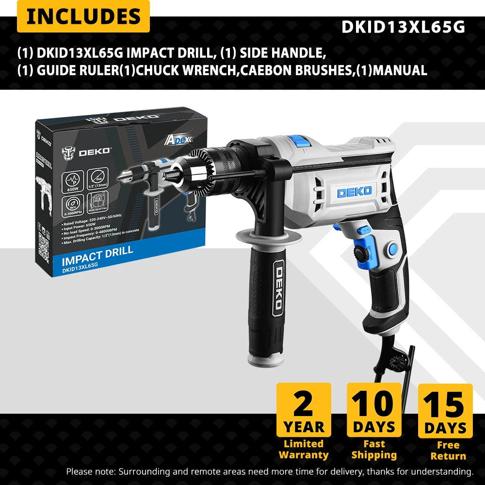 DEKO DKID13XL65G  professional grade impact drilll 220V, 2 Functions Drill Screwdriver Electric Tool Power Tool (DKID Series)