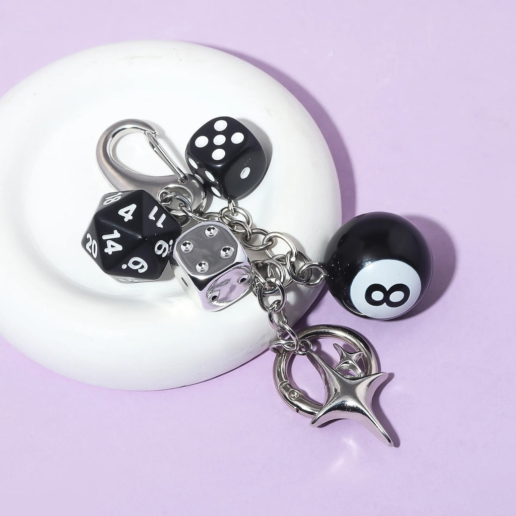 Punk Hiphop Black Dice No. 8 Billiards Keychain Y2K Pink Lucky Dice Starburst Pendant Bag Charms Hangings Ornament Accessories