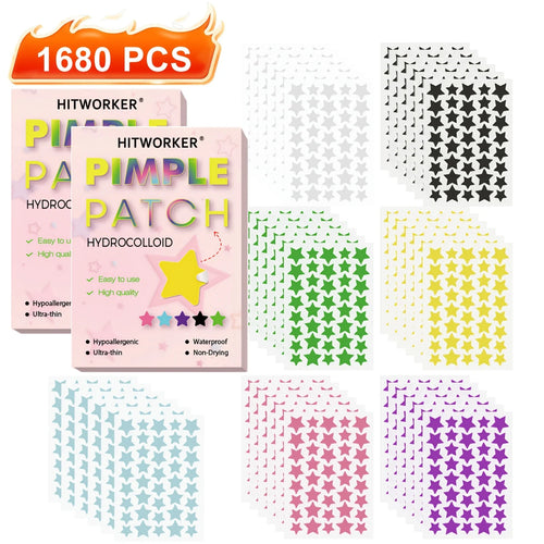 Star-shaped hydrocolloid acne patches set with assorted colored sheets