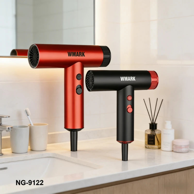 WMARK NG-9122 professional hair dryers in red and black, compact powerful salon blow dryers for home use on vanity.