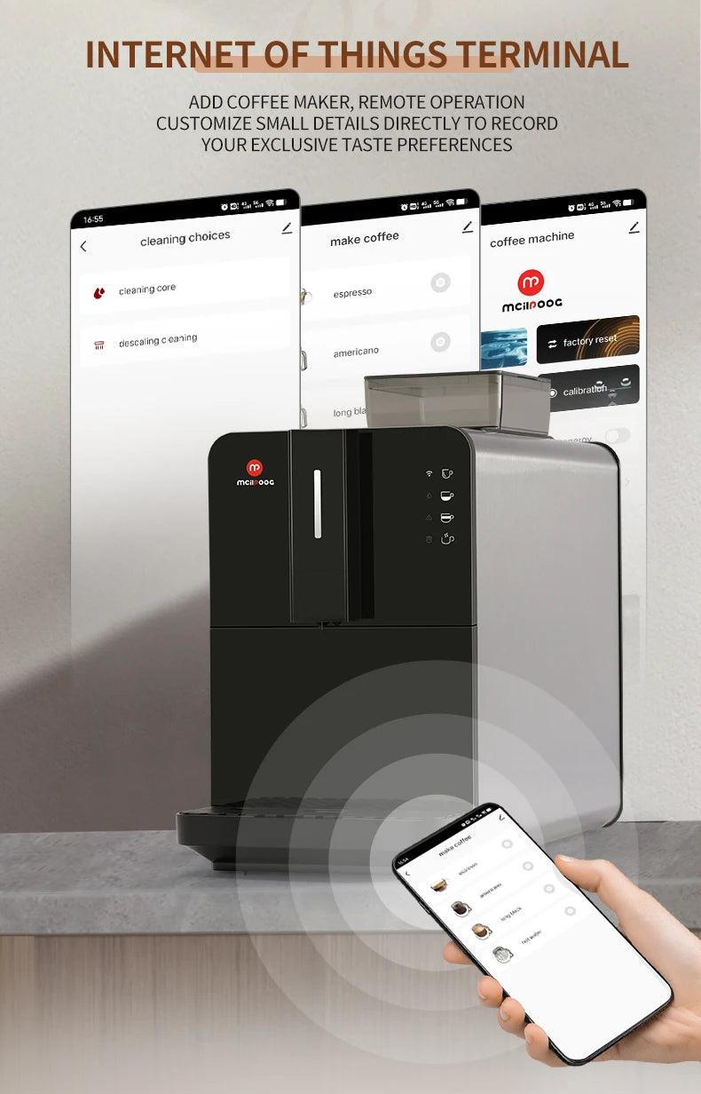 Mcilnooc smart coffee machine in black and silver with app-controlled IoT remote operation and digital interface.