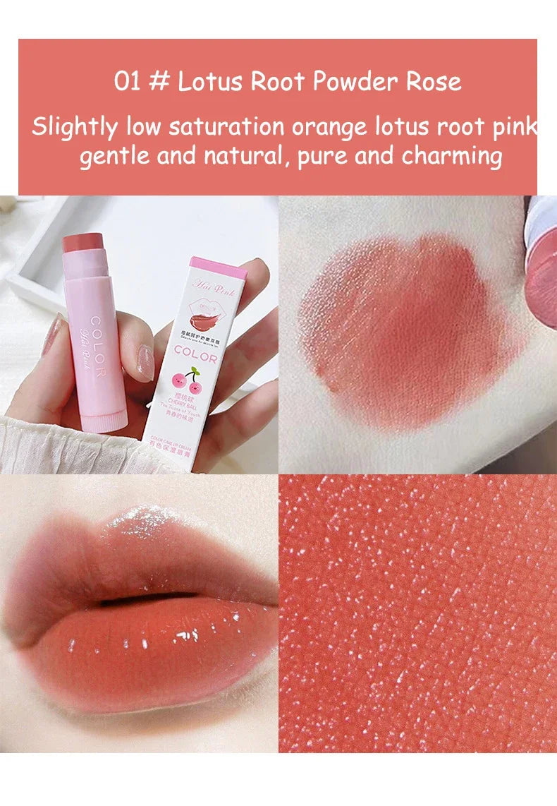 Moisturizing lotus root pink tinted lip balm for anti-drying, showing creamy texture and glossy swatch on lips.