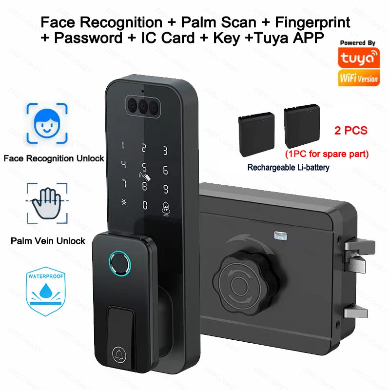 Smart Tuya WiFi APP Bluetooth Door Lock with Palm Vein Face Recognition Doorbell Waterproof Scissor Tongue Rim Locks No Drilling