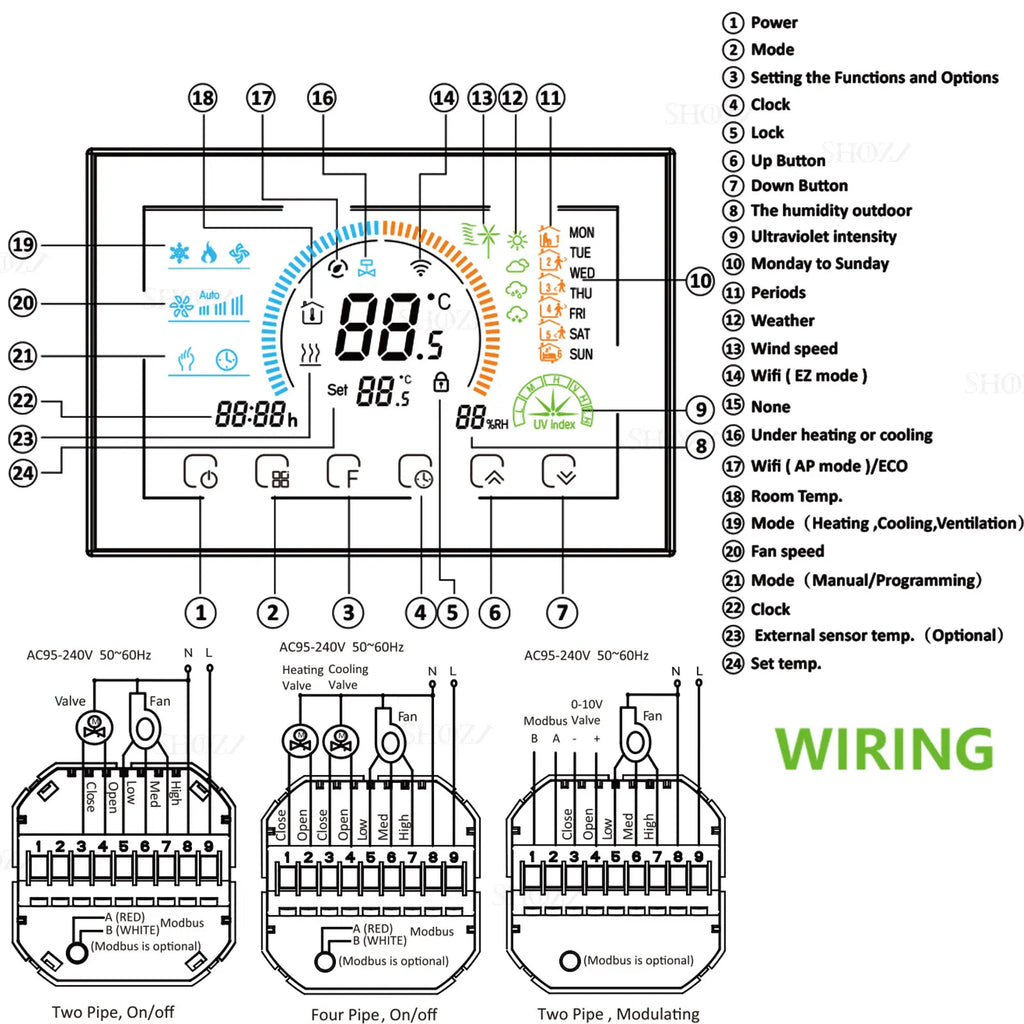 Wifi/RS485/Zigbee Thermostat Air Conditioning 3 Fan Coil Unit Home Cooling/Heating 2/4 Pipe Temperature Controller with Alexa