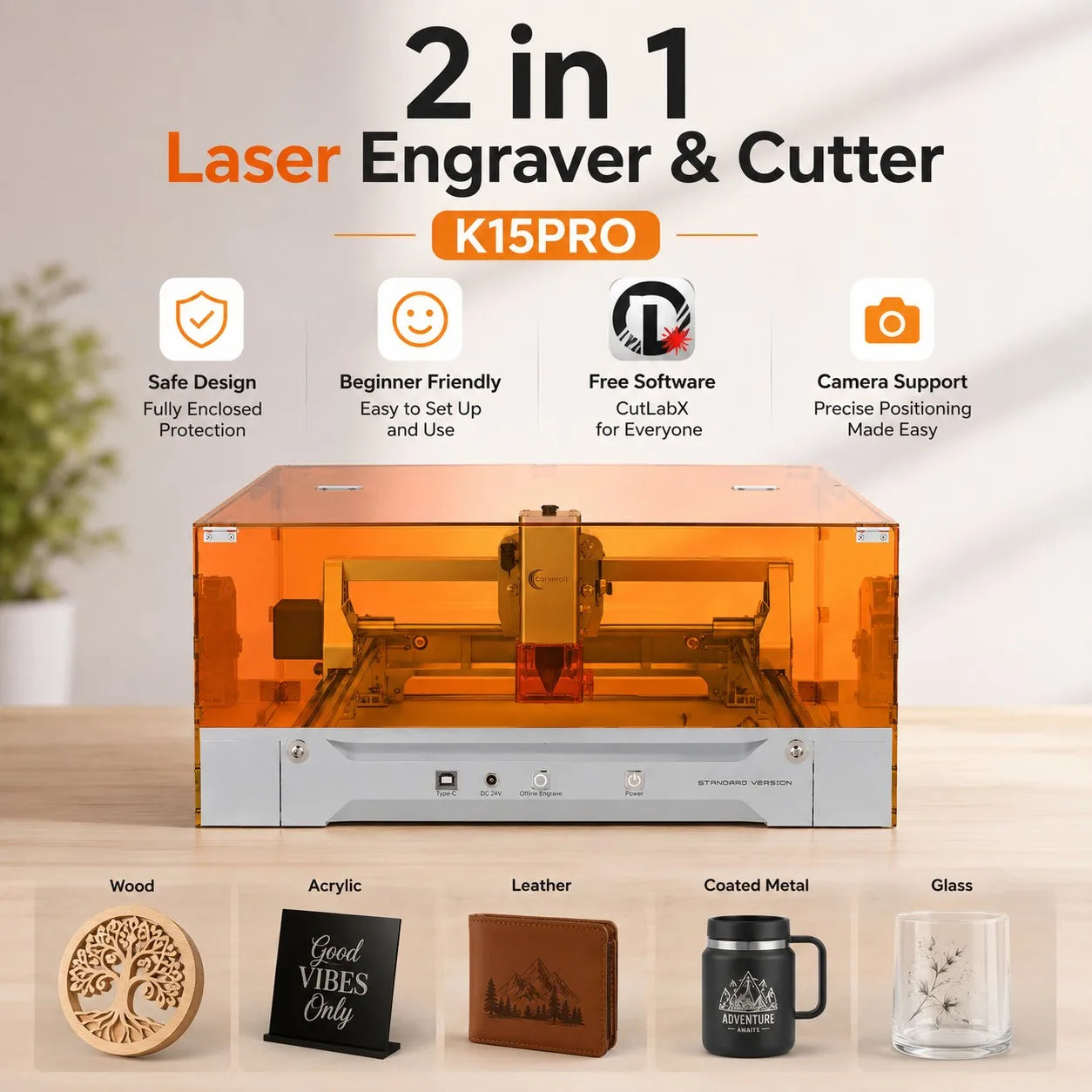 Carverall K15PRO 12W Enclosed Laser Engraver Cutter, Class 1 Safety Diode Laser Engraving Machine, A4 297x210mm, 15000mm/min, 0.01mm Precision, Free Software, DIY Crafts, Personalized Gifts, Home Workshop Small Business, Wood