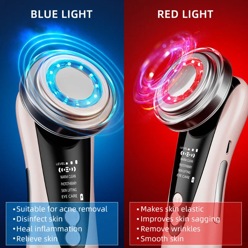 EMS facial massager with blue and red LED light therapy, showing light modes, metallic heads, and skin care text.
