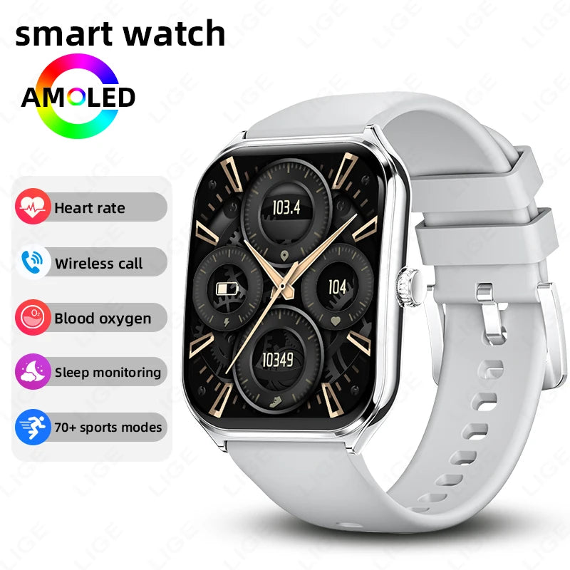 AMOLED smartwatch with white silicone strap and black digital watch face with gold accents