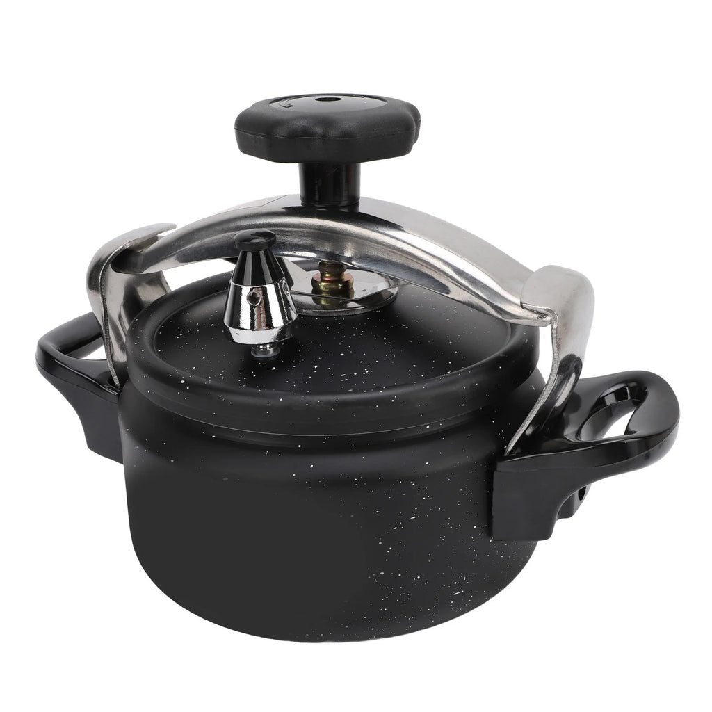 Black speckled pressure cooker with stainless lid cover, steam valve, and curved side handles