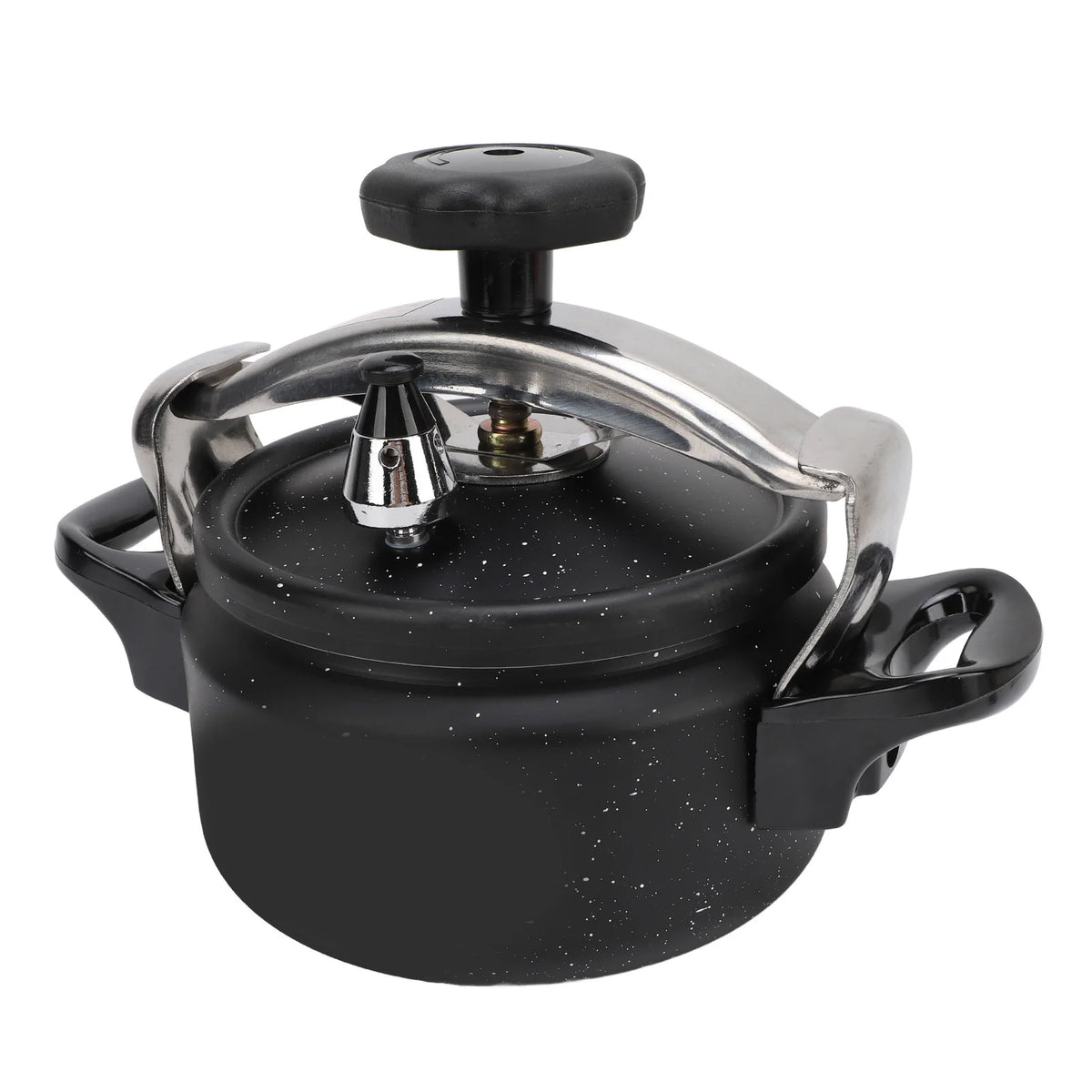 Black speckled pressure cooker with stainless lid cover, steam valve, and curved side handles