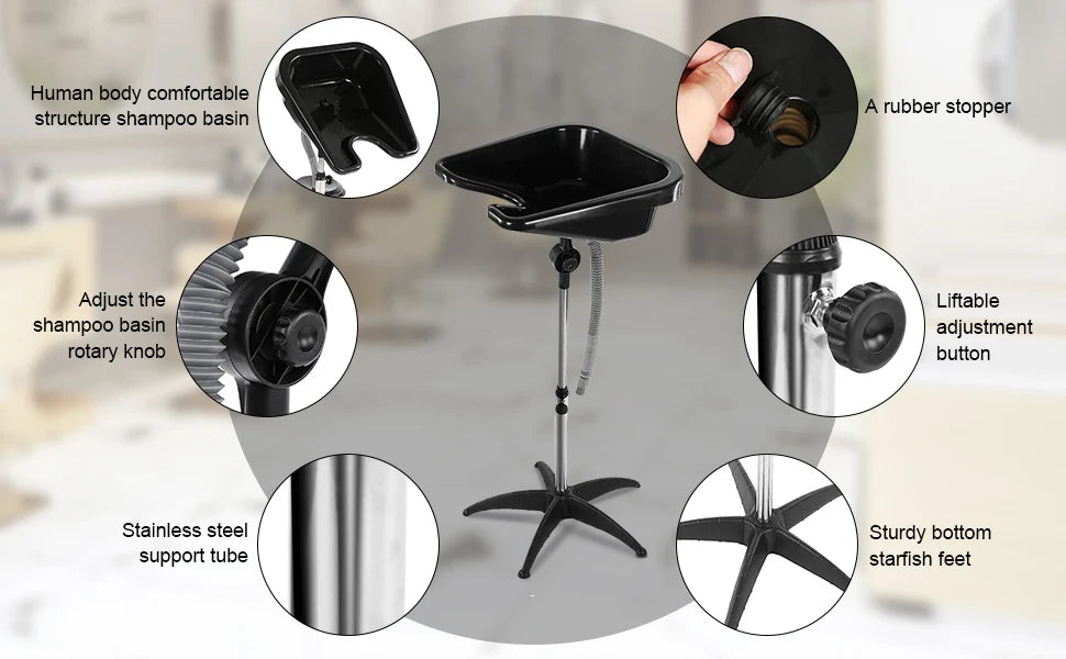Portable Barber Shampoo Bowl with Adjustable Chair - Black Basin Sink Massage Chairs Tidesmit