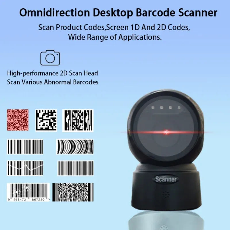 Black desktop omnidirectional barcode scanner with round scan window on base