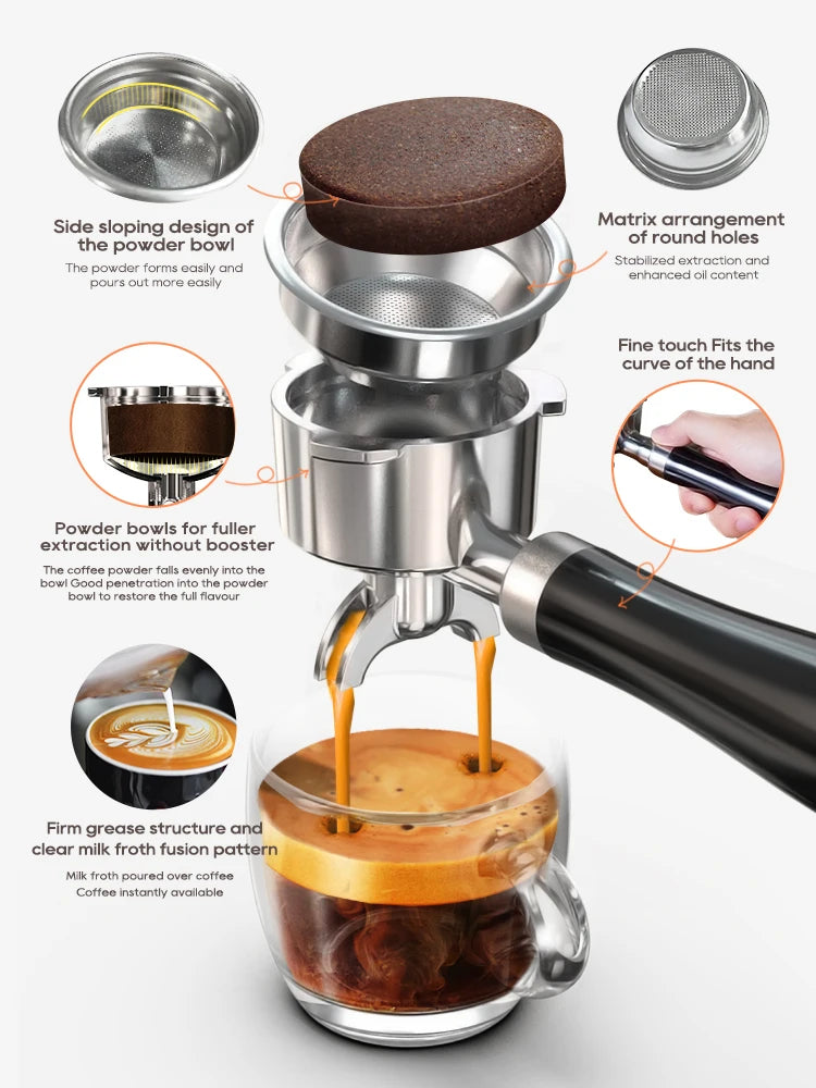 Stainless steel espresso portafilter with black handle and precision matrix-hole basket pouring coffee into glass cup.
