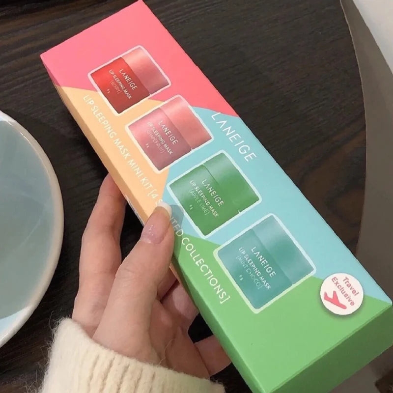 Laneige Lip Sleeping Mask Mini Kit featuring four moisturizing tinted lip balms in a colorful travel-exclusive gift box.