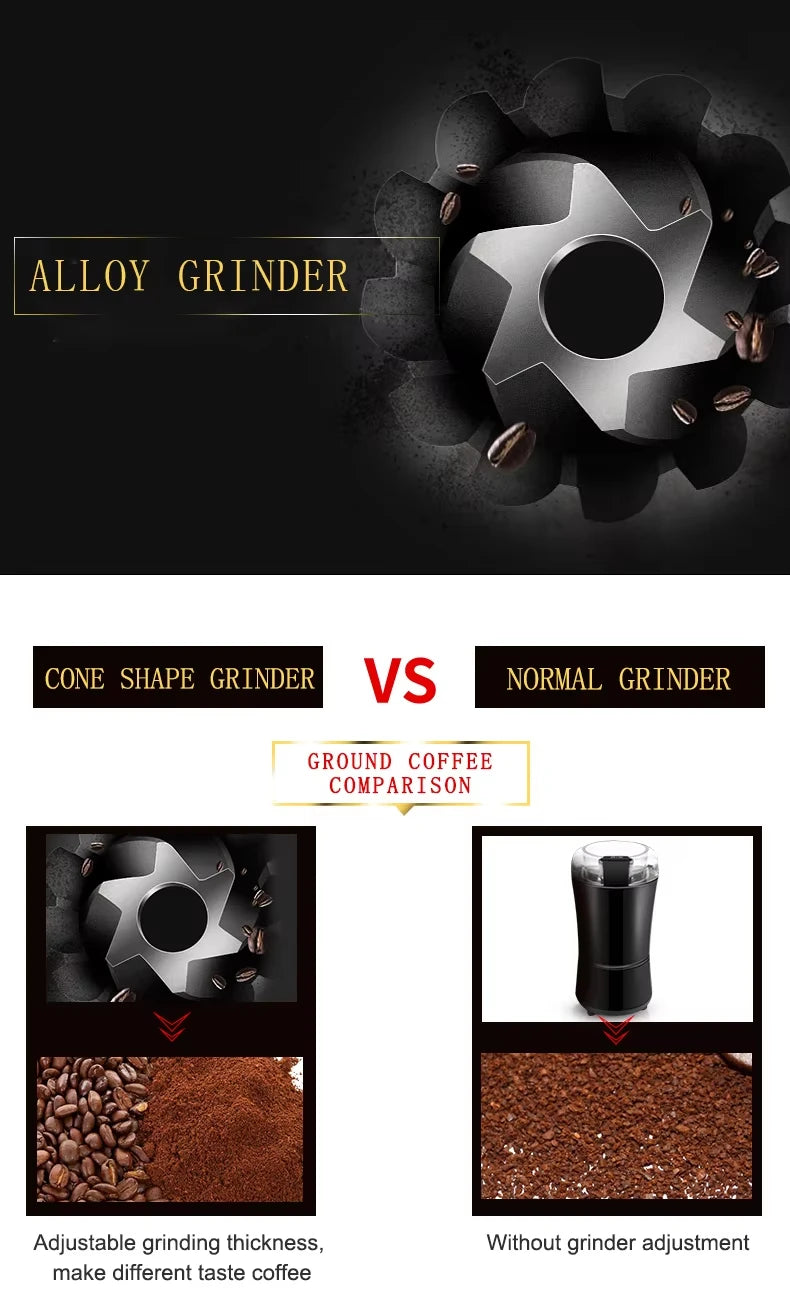 Comparison infographic showing alloy cone shape coffee grinder vs normal grinder for adjustable grind consistency.