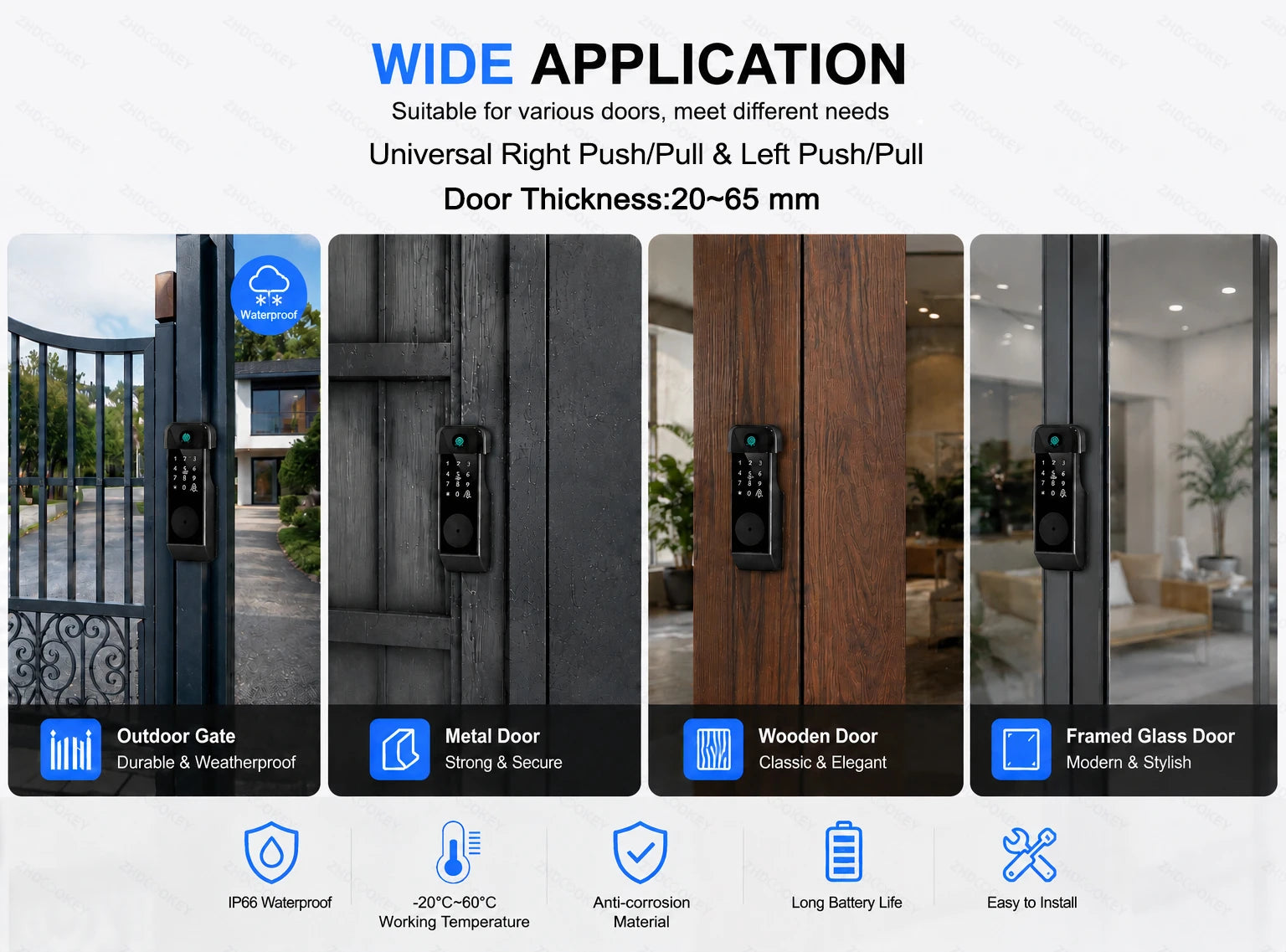 Tuya WiFi Smart Door Lock TTLock BLE APP Fingerprint Password IC Card Key One-Press Indoor Unlock IP66 Waterproof Gate Door Lock