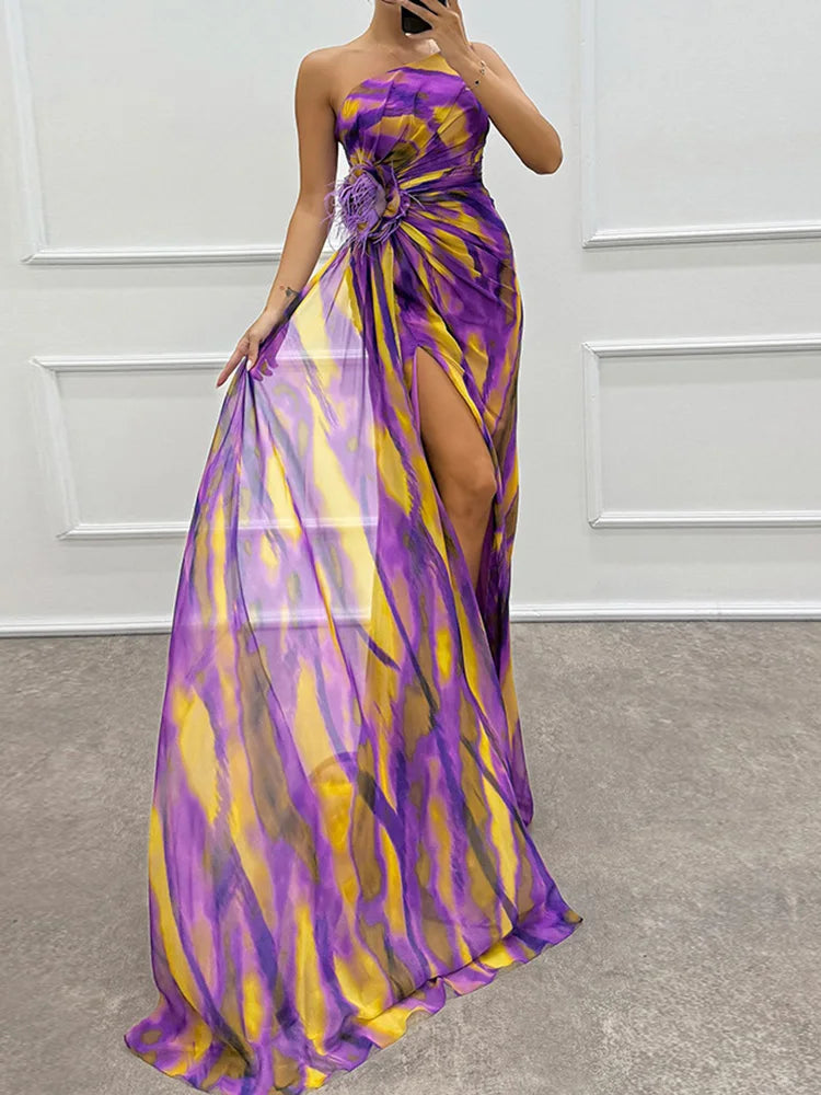Printed Skew Collar Simple Party Dress, Women Summer Patchwork Sleeveless Elegant Maxi Dress, 2024 Backless Fashion Ladies Dress