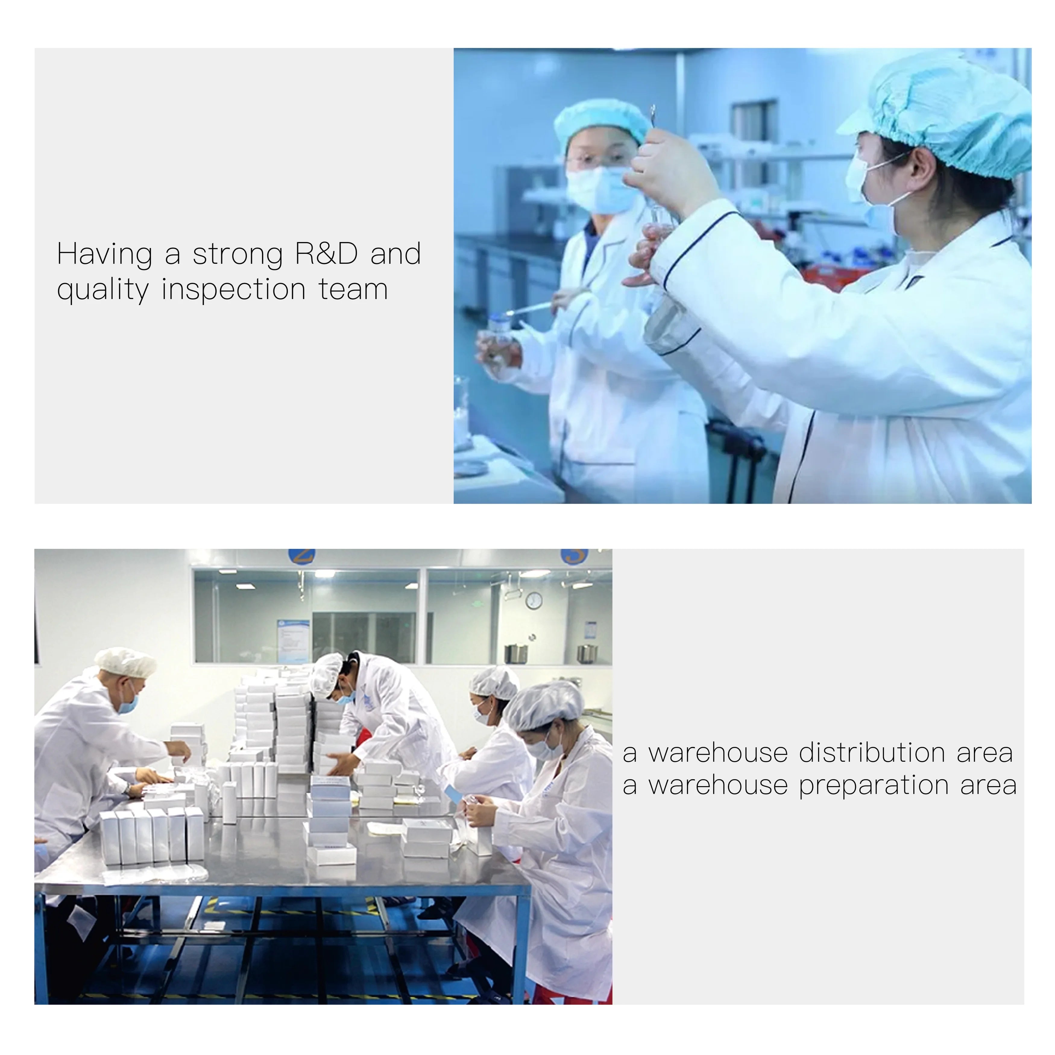 Scientists in lab coats testing samples and workers in a cleanroom facility assembling white boxes for distribution.