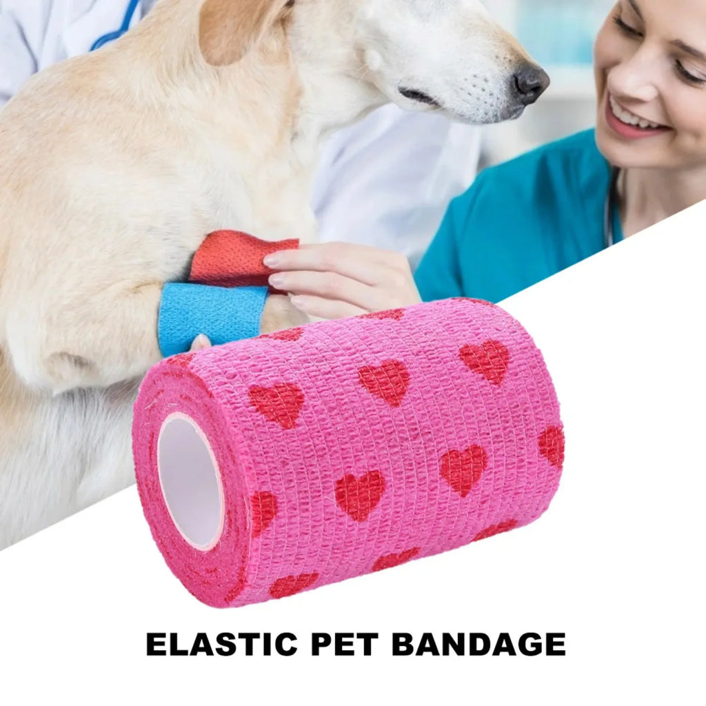 Pink heart-print self-adherent pet bandage, breathable non-woven vet wrap for dog and cat wound care support.