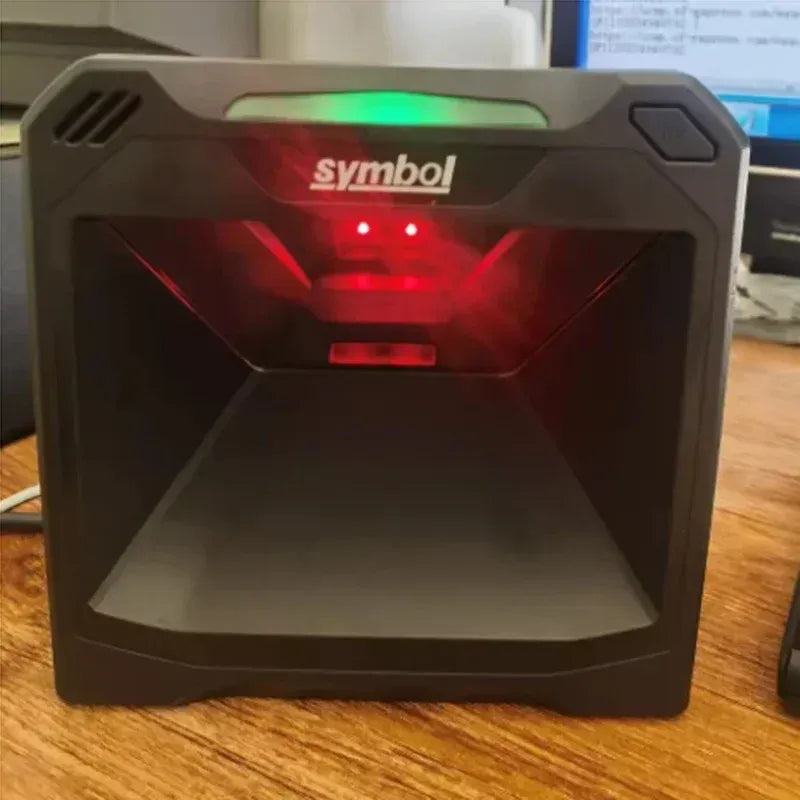 Barcode laser scanner with green top light and red scan beam, symbol logo