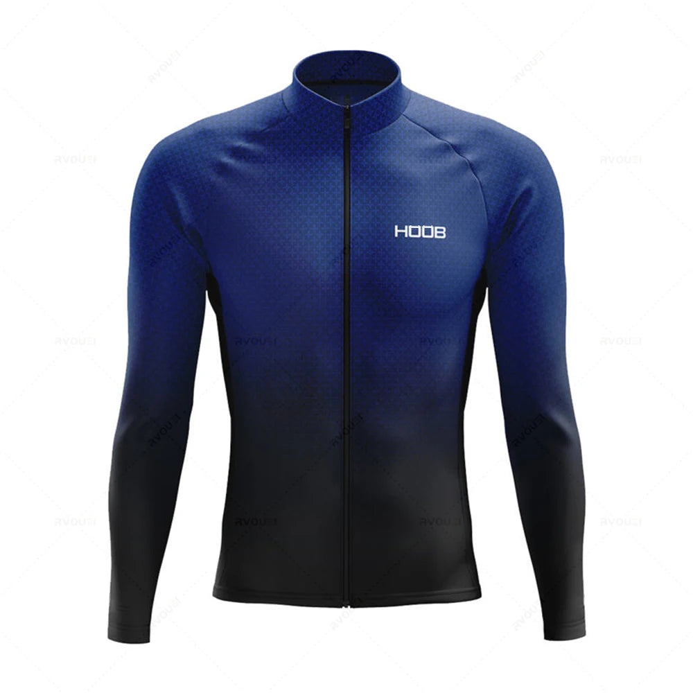 Tidesmit long-sleeve thermal cycling jersey with a blue-to-black ombre pattern, full-length zipper, and Hoob logo.
