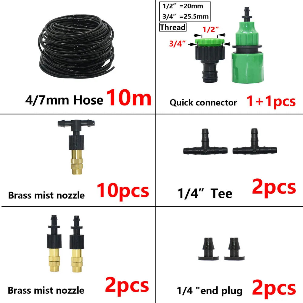 5M-30M Outdoor Misting Cooling System Garden Irrigation Watering 1/4'' Brass Atomizer Nozzles 4/7mm Hose for Patio Greenhouse