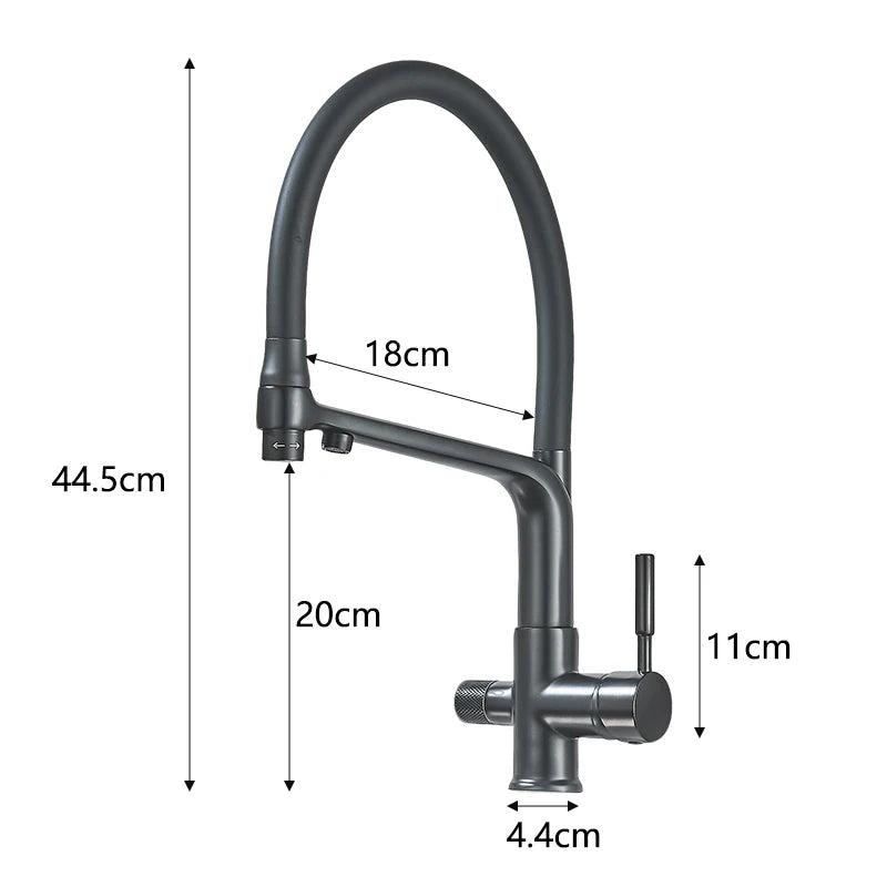 2-in-1 Filtered Kitchen Faucet, Dual Outlet Drinking Water Purifier Tap with Flexible Black Gooseneck, 360° Rotatable Single Handle Hot Cold Mixer Tap