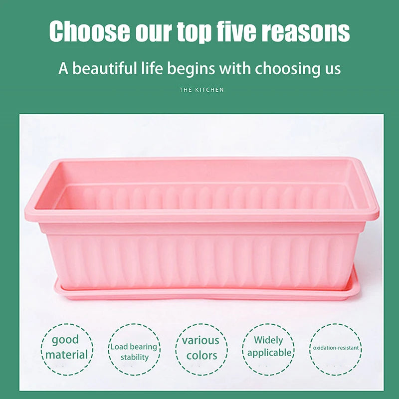 Rectangular pink plastic planter with raised ridges and open growing tray
