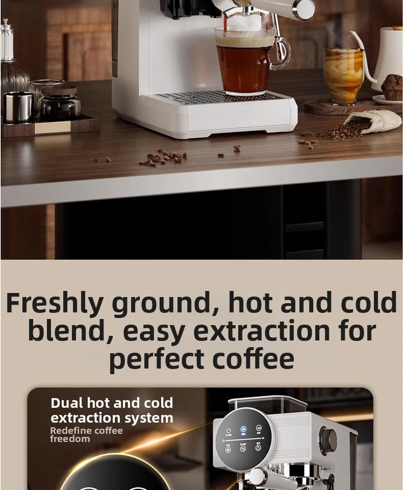 Modern white espresso machine with dual hot and cold extraction system brewing coffee on a wooden kitchen counter.