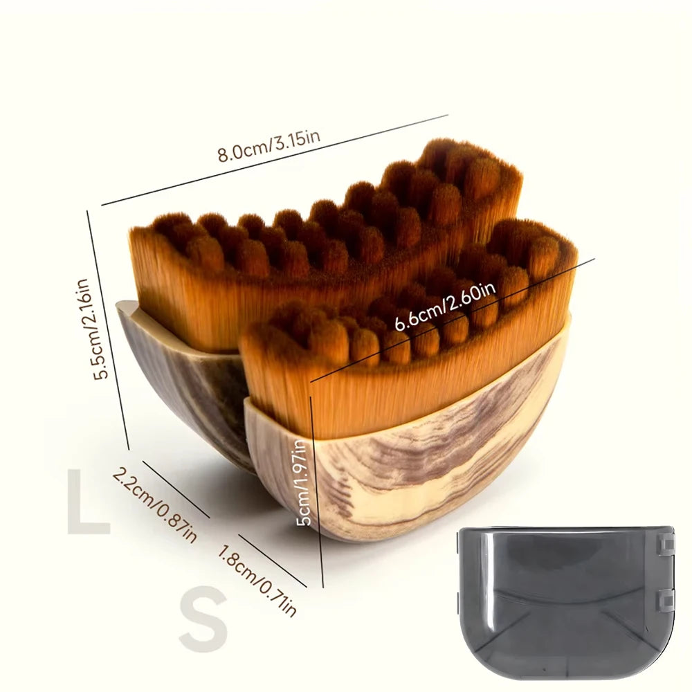 Two curved facial brushes with wood-patterned bases and brown bristles, featuring dimensions and a plastic case.