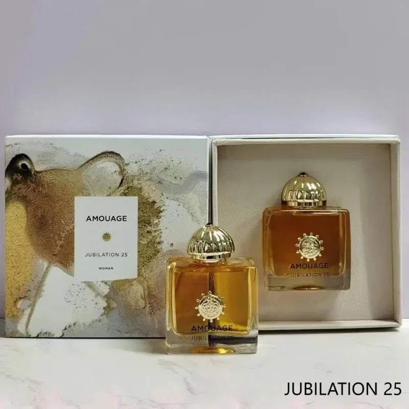 Amouage Jubilation 25 Women EDP: Elegant square glass perfume bottle with gold cap in a luxury gift box set.
