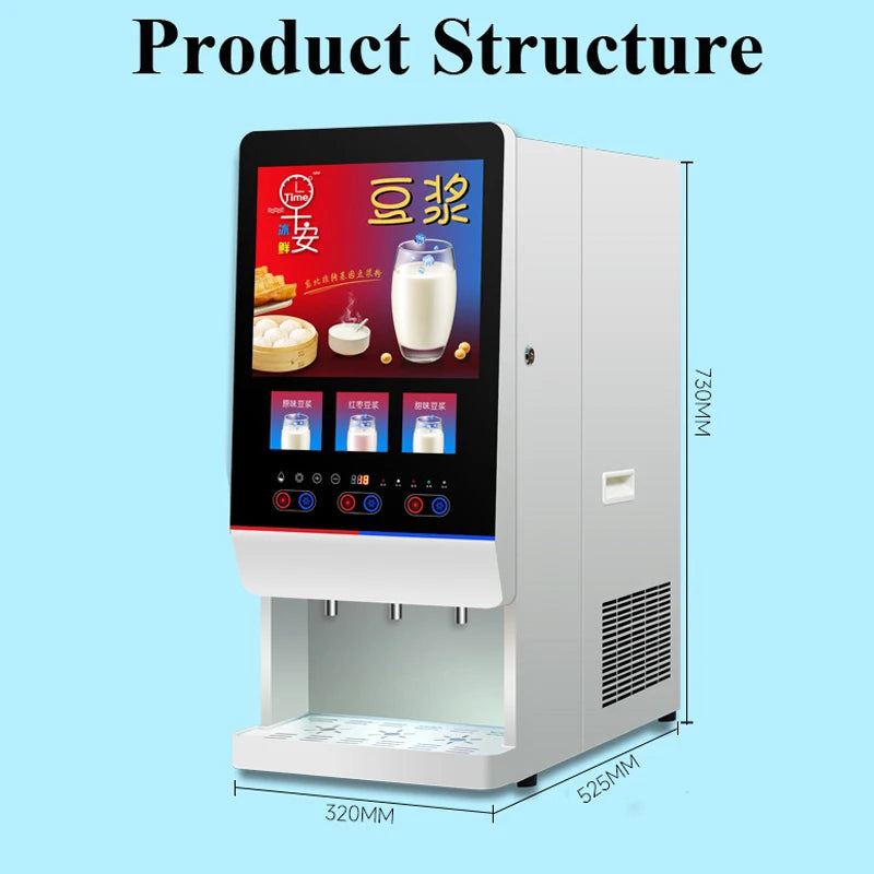 White commercial soy milk dispenser with touchscreen, 730mm height, and three beverage dispensing nozzles.