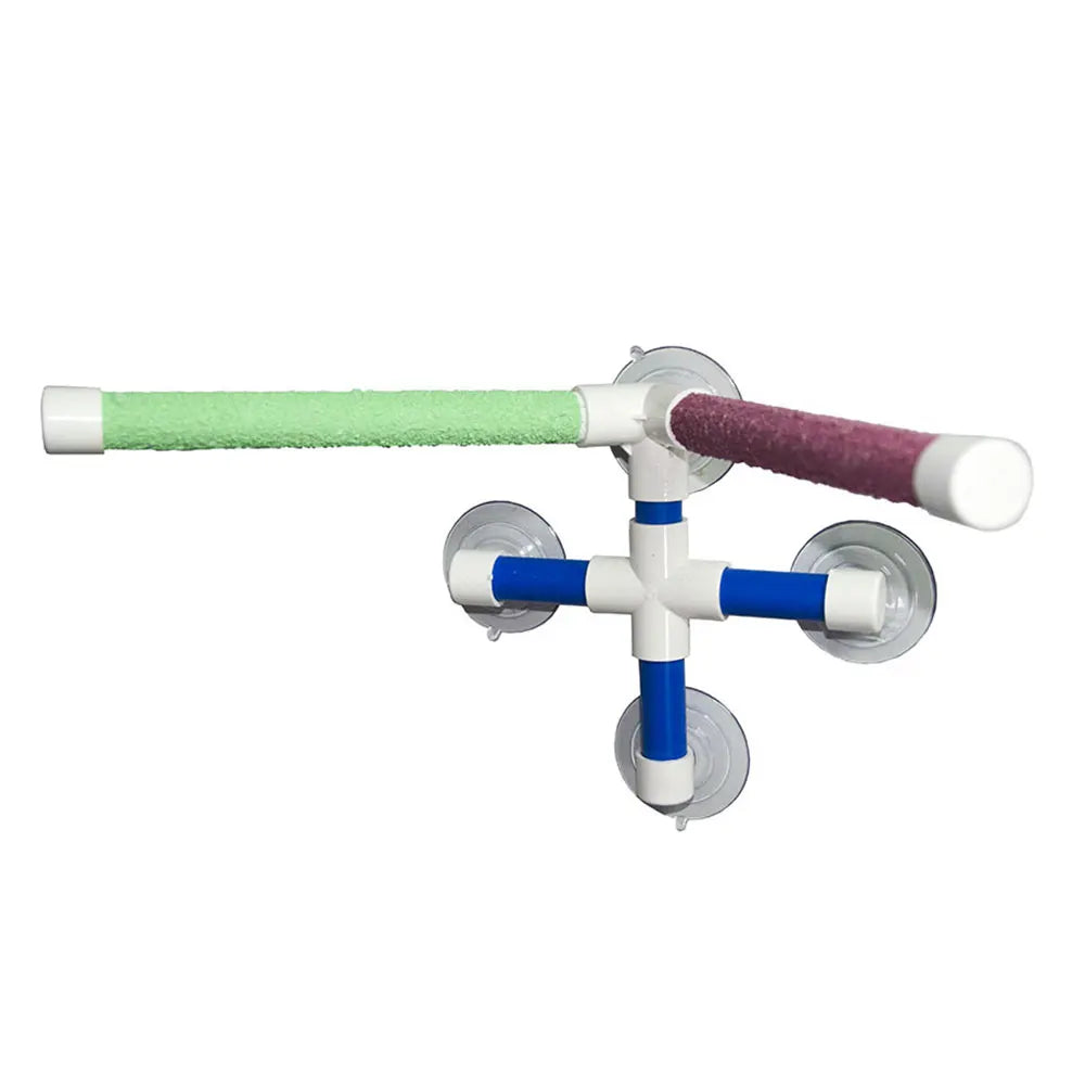 Multi-colored suction cup bird shower perch with paw-grinding texture for safe parrot bathing and standing.